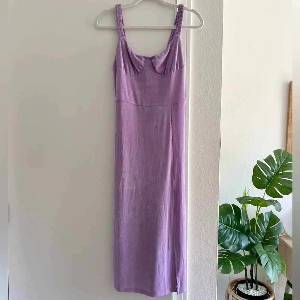 Cider Lavender Midi Dress Flirty Thigh High Stretchy Fabric Bustier Neckline - Picture 9 of 10